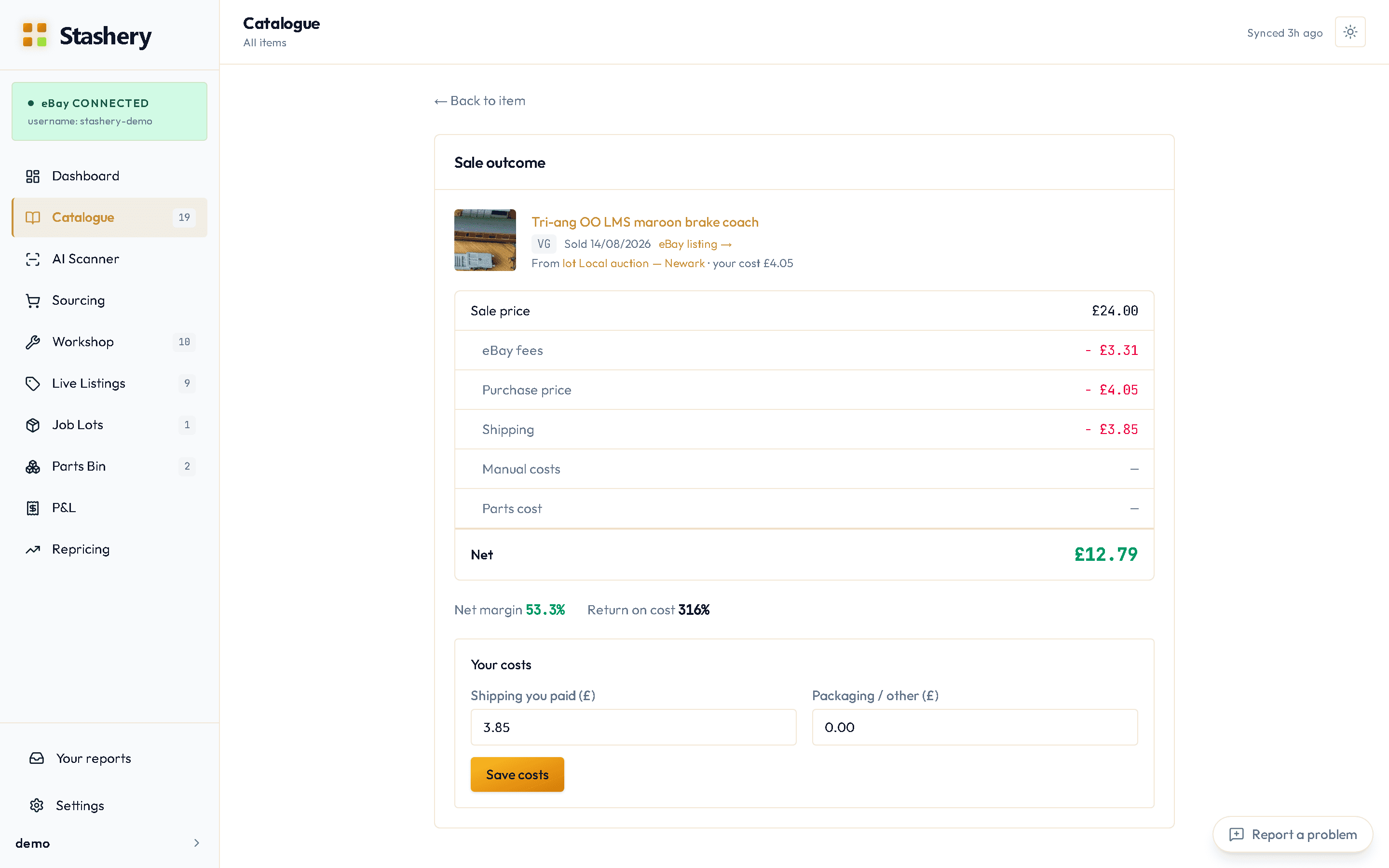 The Sale outcome for a sold coach: sale price, eBay fees, purchase price, shipping and net