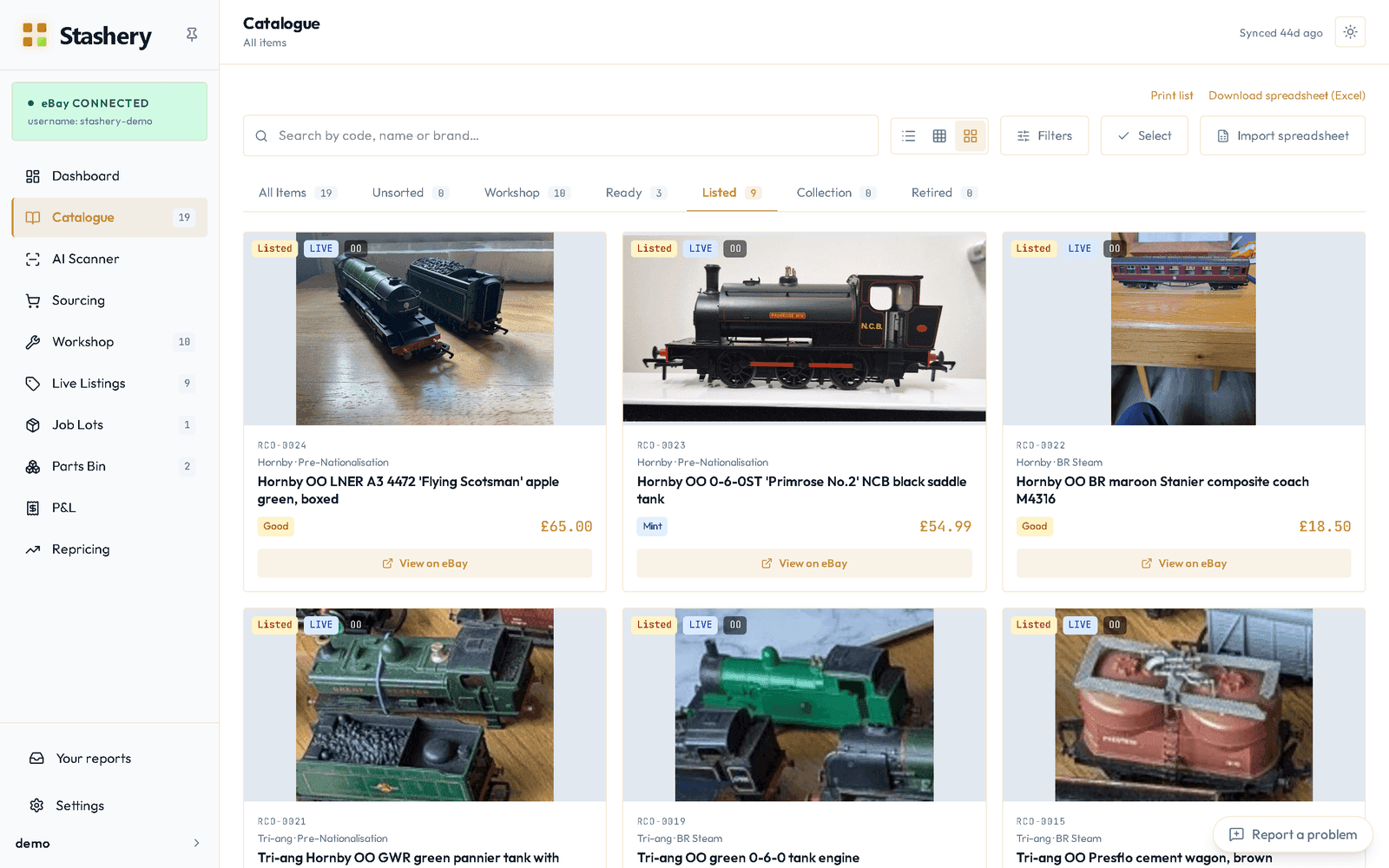 The Catalogue's Listed tab after importing live eBay listings