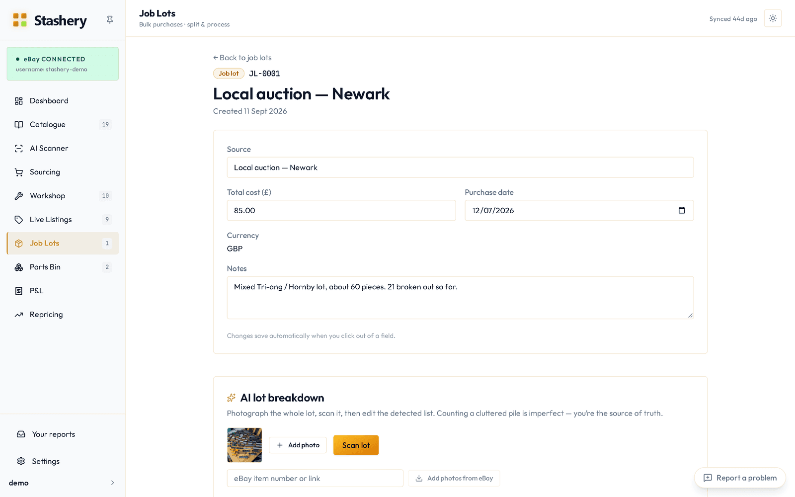 A job lot page: its source, total cost, purchase date and the AI lot breakdown