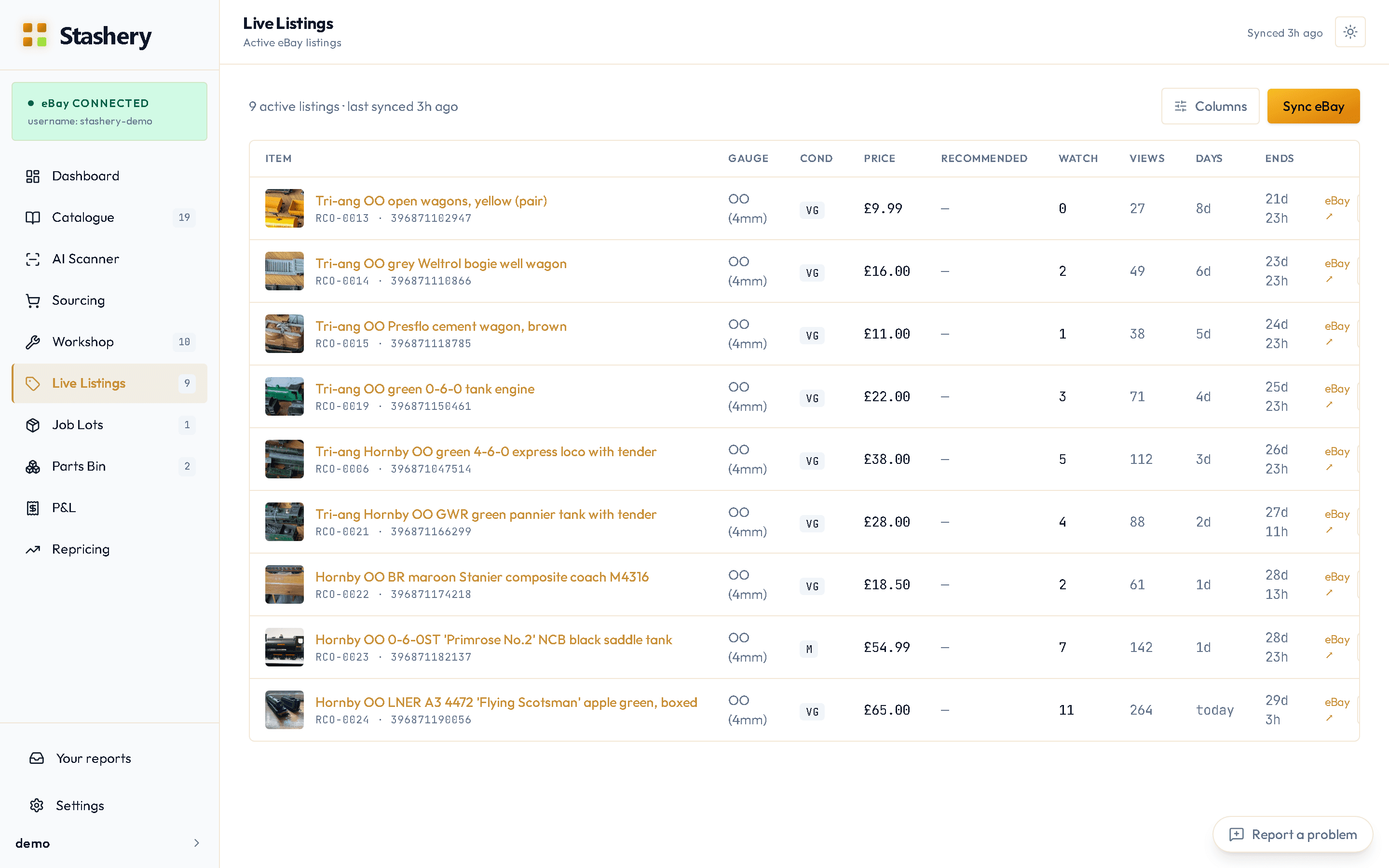 The Live Listings table with price, recommended price, watchers, views and time left columns