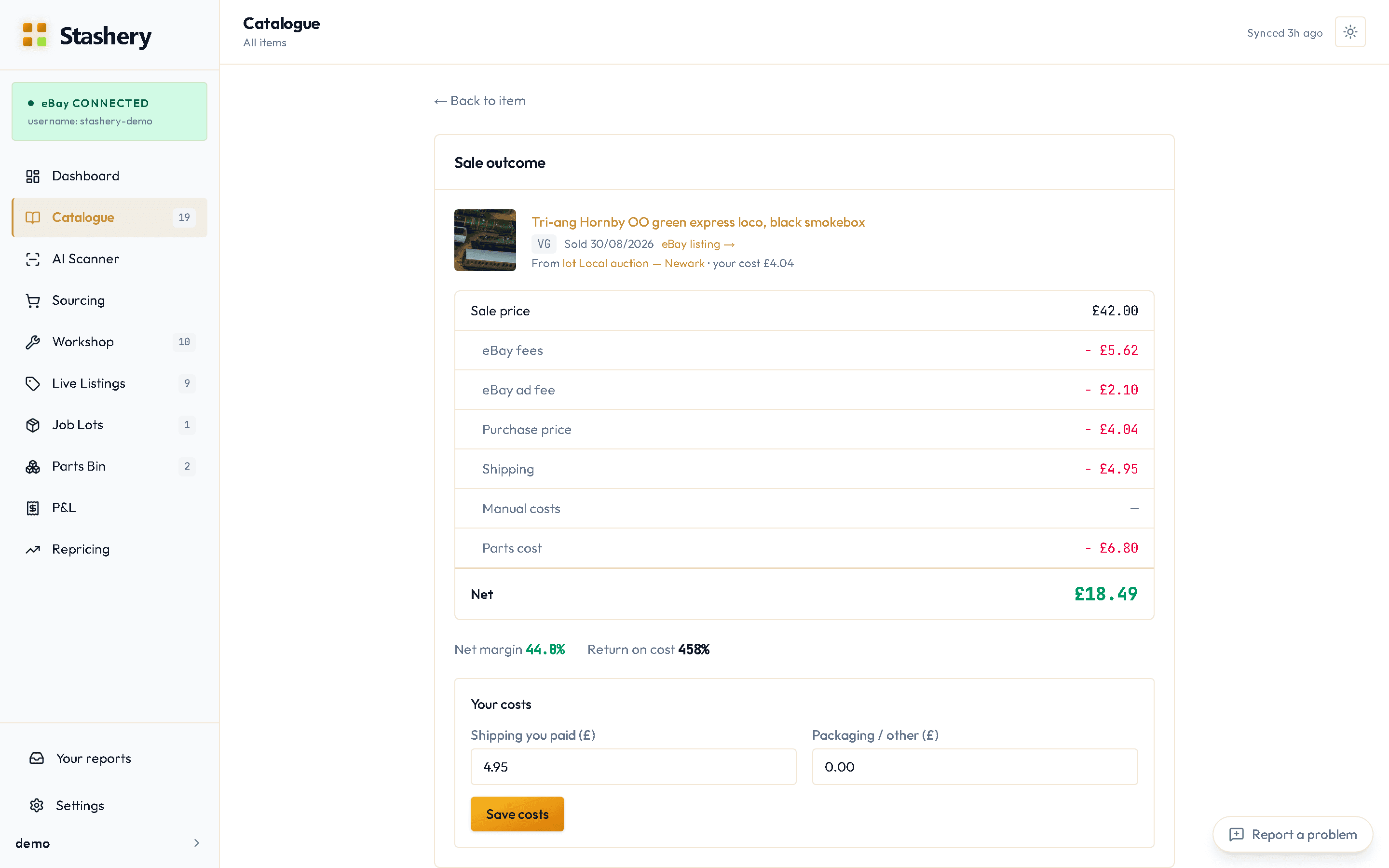 The Sale outcome screen showing sale price, eBay fees, postage paid and net