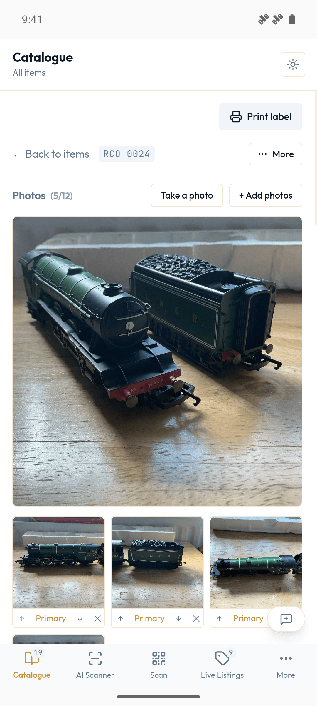 Stashery on an Android phone, showing a Flying Scotsman item with its photos