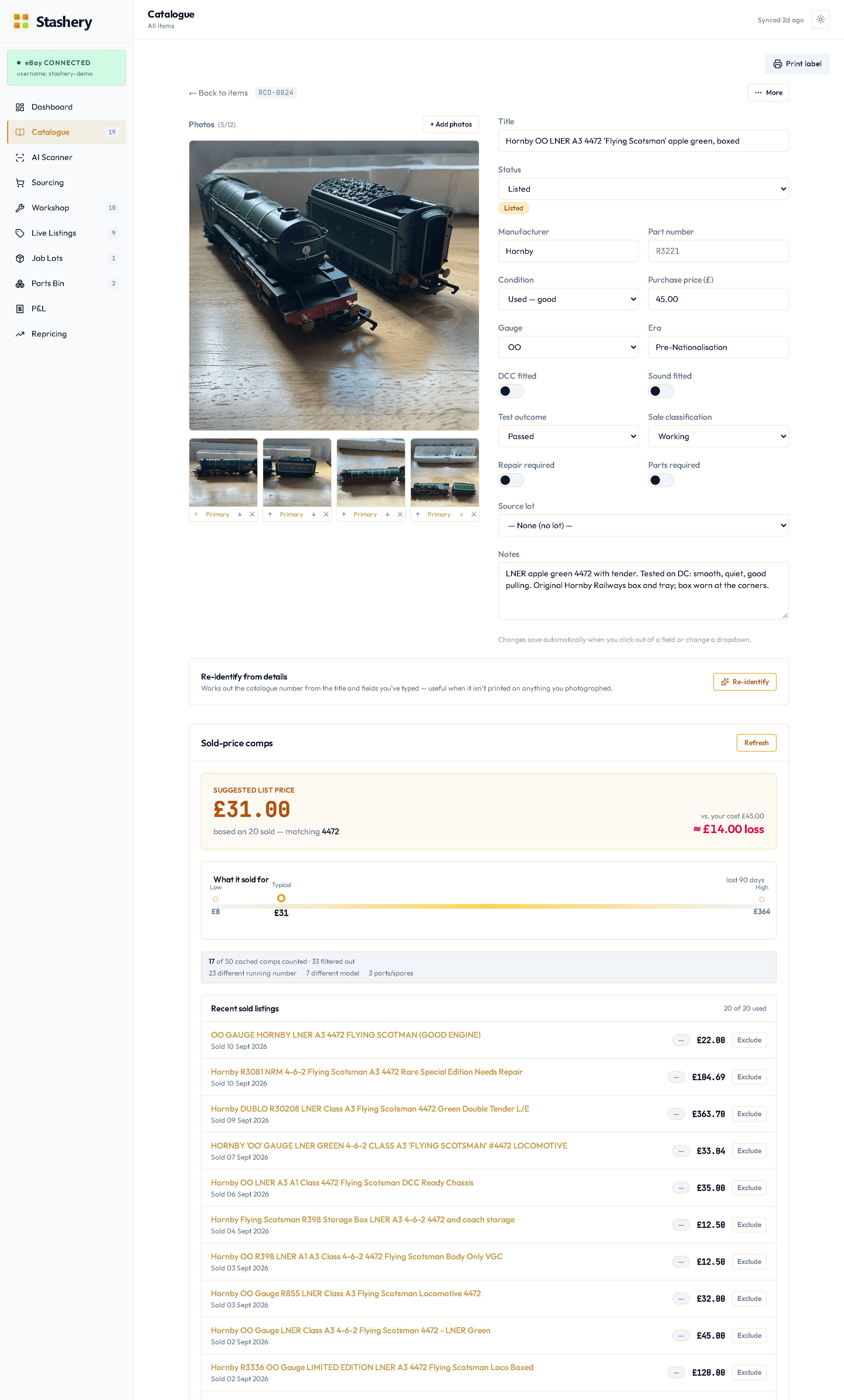 The sold-price comps panel on an item page showing recent sales, a median and a recommended price