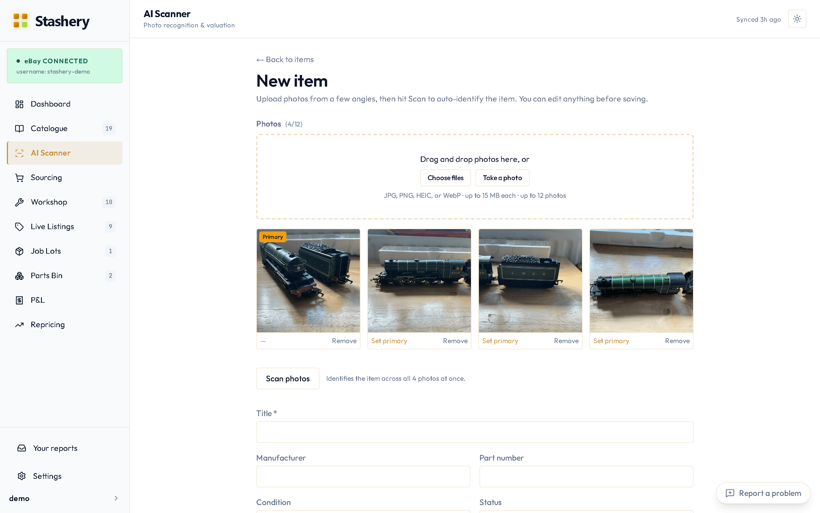 The Add item page with four photos of a green LNER locomotive added and a Scan photos button