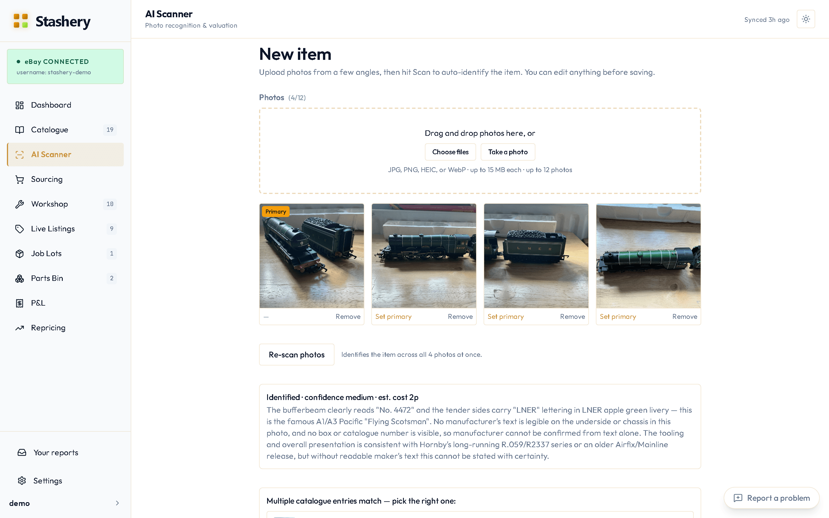The scan result: the locomotive identified as LNER A3 4472 Flying Scotsman, with the reasoning and catalogue entries to pick from